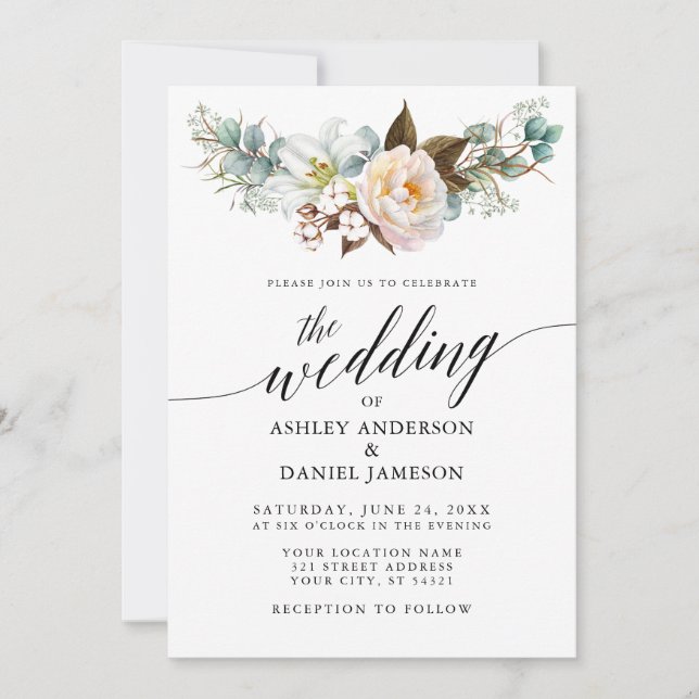 Calligraphy Watercolor Botanical Floral Wedding Invitation (Front)