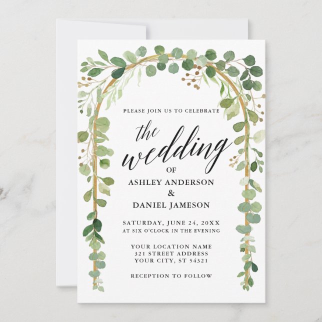 Calligraphy Watercolor Botanical Gold Arch Wedding Invitation (Front)
