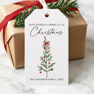 Calligraphy Watercolor Christmas Tree Red Bow Gift Tags
