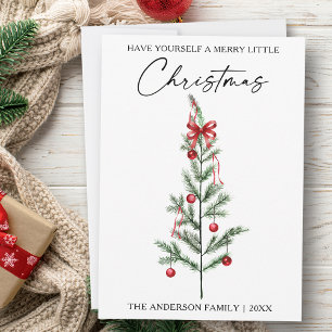 Calligraphy Watercolor Christmas Tree Red Bow Holiday Card
