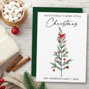 Calligraphy Watercolor Christmas Tree with Red Bow Holiday Card