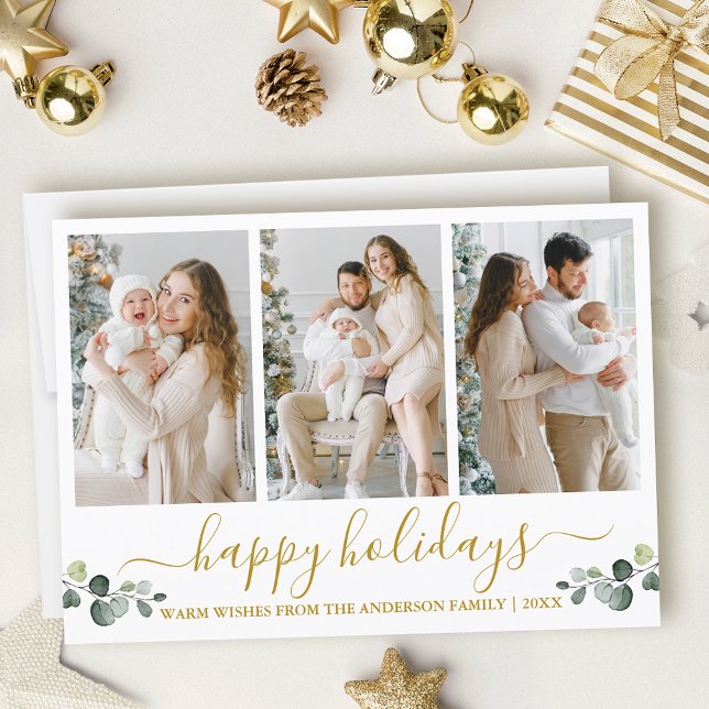 Calligraphy Watercolor Eucalyptus 3 Photo Gold Holiday Card (Customize to change text size, style or color.)