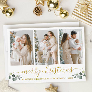 Calligraphy Watercolor Eucalyptus Christmas Gold Holiday Card