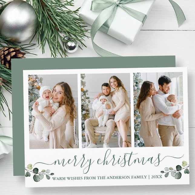 Calligraphy Watercolor Eucalyptus Christmas Holiday Card (Customize to add text to back of card.)