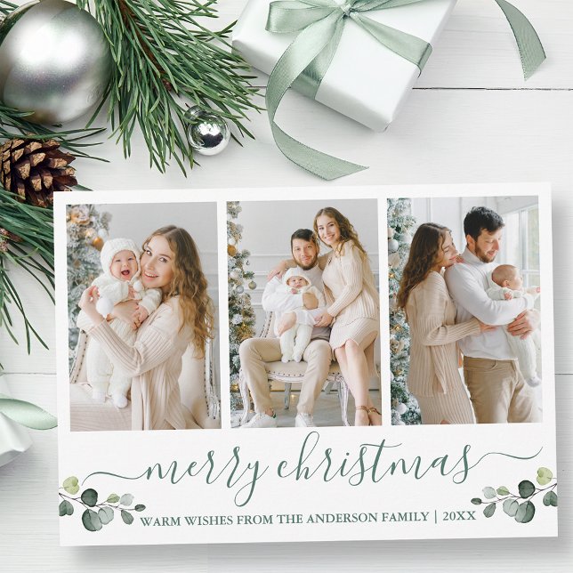 Calligraphy Watercolor Eucalyptus Green Christmas Holiday Card (Customize to add text to back of card.)