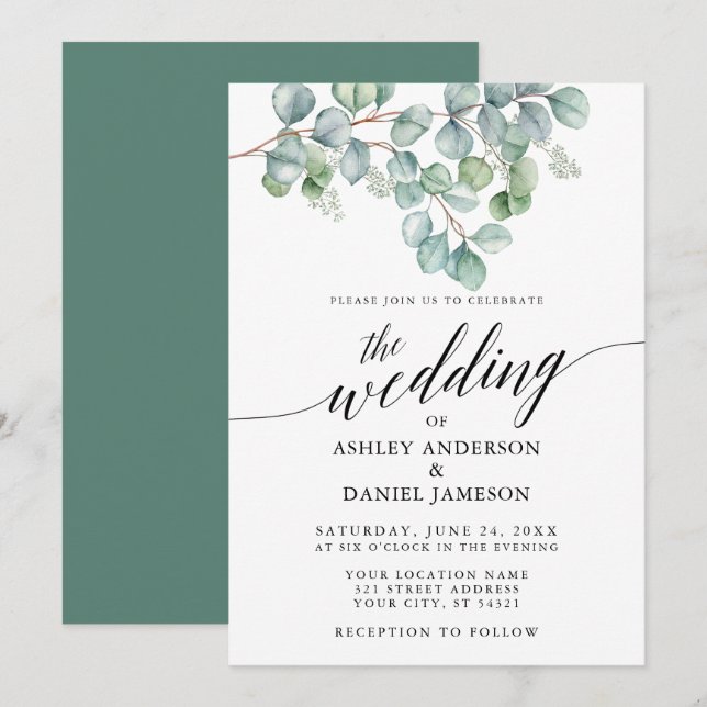 Calligraphy Watercolor Eucalyptus Greenery Wedding Invitation (Front/Back)