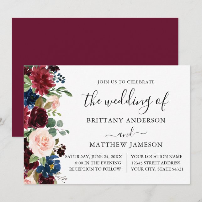 Calligraphy Watercolor Floral Wedding Burgundy Invitation (Front/Back)