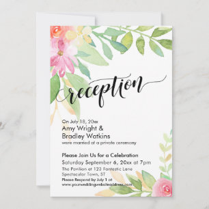 Calligraphy Watercolor Flowers Wedding Reception Invitation