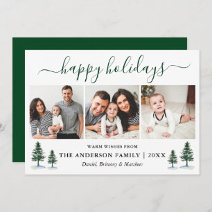 Calligraphy Watercolor Green Pines 3 Photo Holiday Card