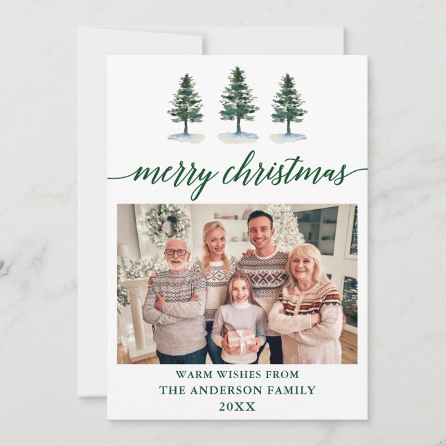 Calligraphy Watercolor Green Pines Photo Christmas Holiday Card (Front)