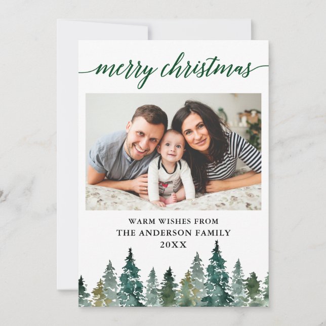 Calligraphy Watercolor Green Pines Photo Christmas Holiday Card (Front)