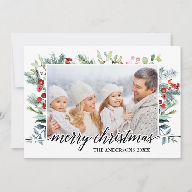Calligraphy Watercolor Greenery Christmas Card (Front)
