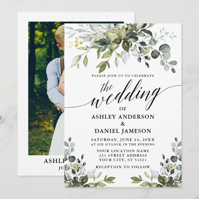 Calligraphy Watercolor Greenery Photo Wedding Invitation (Front/Back)