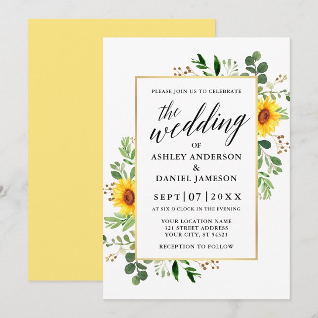 Calligraphy Watercolor Greenery Sunflowers Wedding Invitation (Front/Back)