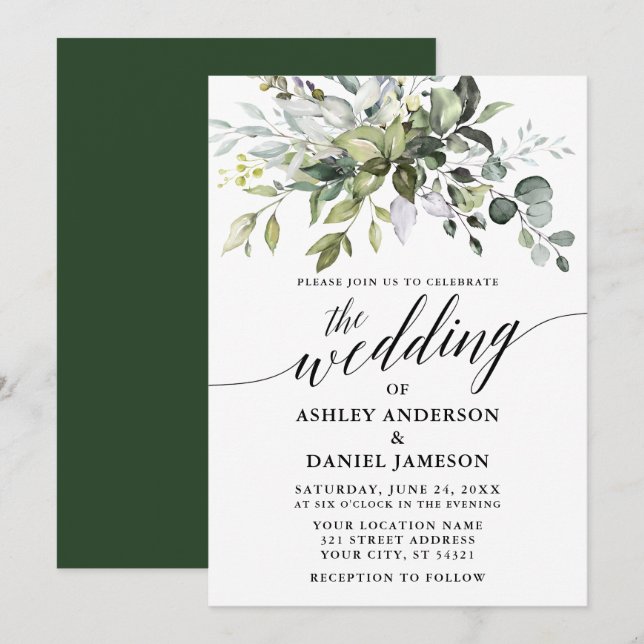 Calligraphy Watercolor Greenery Wedding Invitation (Front/Back)