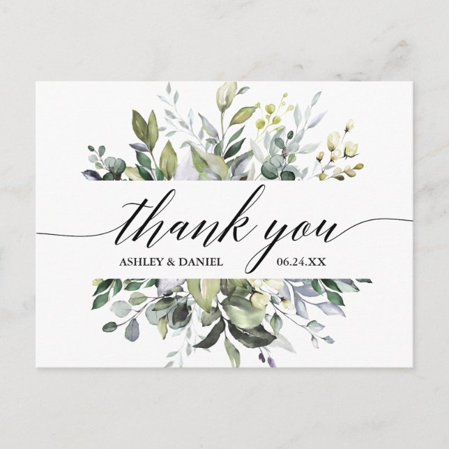 Calligraphy Watercolor Greenery Wedding Thank You Postcard (Front)