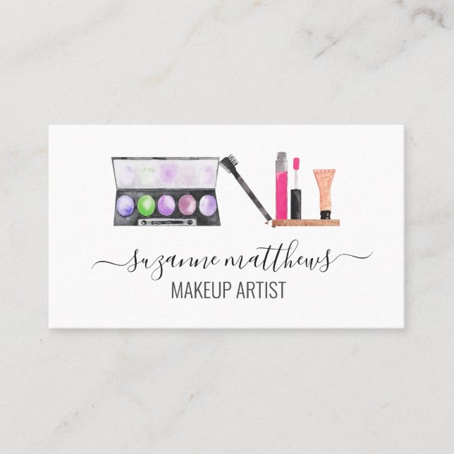 Calligraphy Watercolor Minimalistic Makeup Artist Business Card (Front)