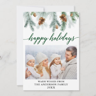 Calligraphy Watercolor Pine Cones Photo Green Holiday Card