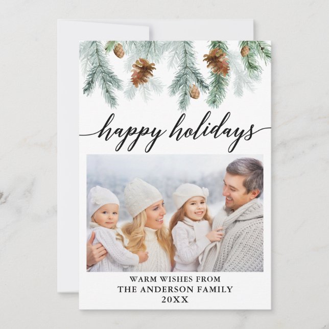 Calligraphy Watercolor Pine Cones Photo Holiday Card (Front)
