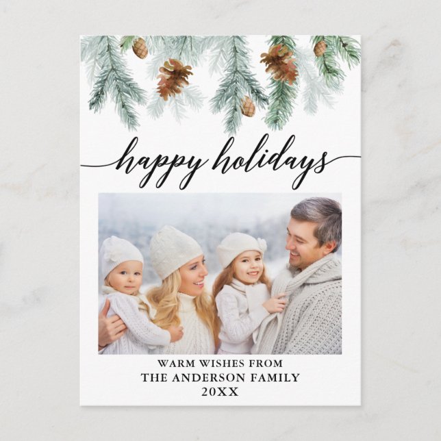 Calligraphy Watercolor Pine Cones Photo Holiday Postcard (Front)