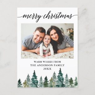 Calligraphy Watercolor Pine Trees Photo Christmas Postcard