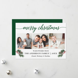 Calligraphy Watercolor Pines Berries 3 Photo Holiday Card