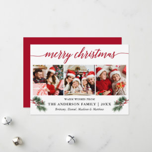 Calligraphy Watercolor Pines Berries 3 Photo Red Holiday Card