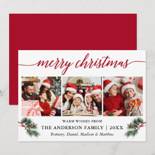 Calligraphy Watercolor Pines Berries 3 Photo Red Holiday Card