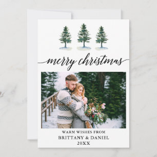 Calligraphy Watercolor Pines Couple Photo Holiday Card
