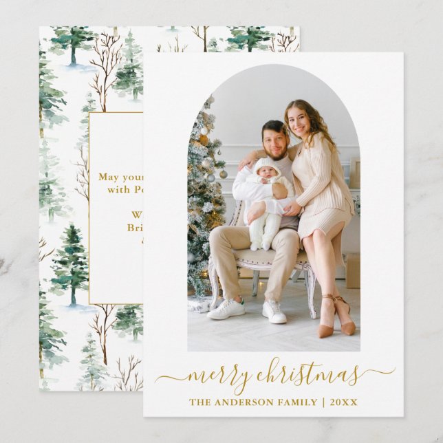 Calligraphy Watercolor Pines Photo Arch Gold Holiday Card (Front/Back)