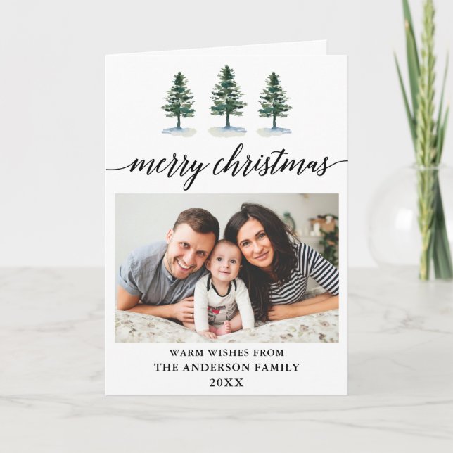 Calligraphy Watercolor Pines Photo Christmas Fold Holiday Card (Front)