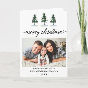 Calligraphy Watercolor Pines Photo Christmas Fold Holiday Card
