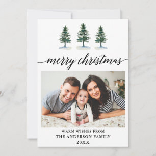 Calligraphy Watercolor Pines Photo Christmas Holiday Card