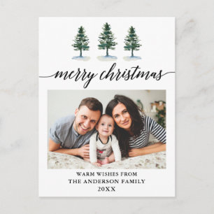 Calligraphy Watercolor Pines Photo Christmas Postcard