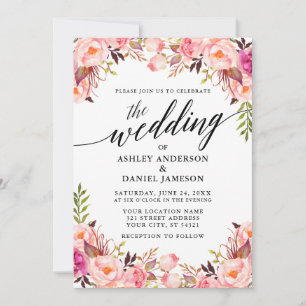 Calligraphy Watercolor Pink Blush Floral Wedding Invitation