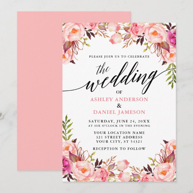 Calligraphy Watercolor Pink Floral Wedding Invitation (Front/Back)