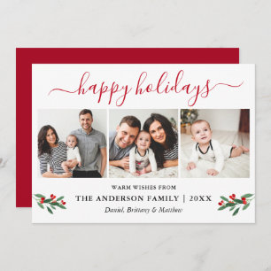 Calligraphy Watercolor Red Holly 3 Photo Holiday Card