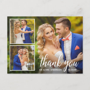 Calligraphy Wedding 3 Photo Collage Thank You Postcard