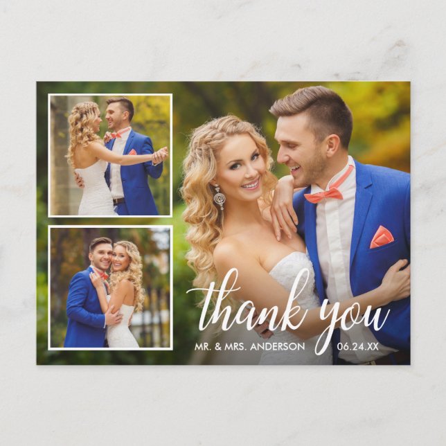 Calligraphy Wedding 3 Photo Collage Thank You Postcard (Front)