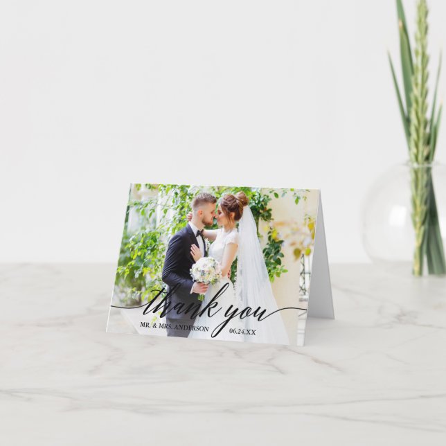 Calligraphy Wedding Bride Groom Photo B Note Thank You Card (Front)