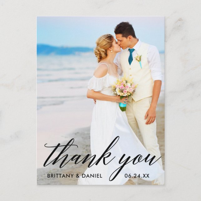 Calligraphy Wedding Bride Groom Photo Thank You B Postcard (Front)