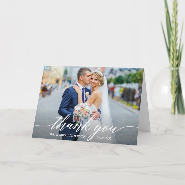 Calligraphy Wedding Bride Groom Photo W Fold Thank You Card (Front)