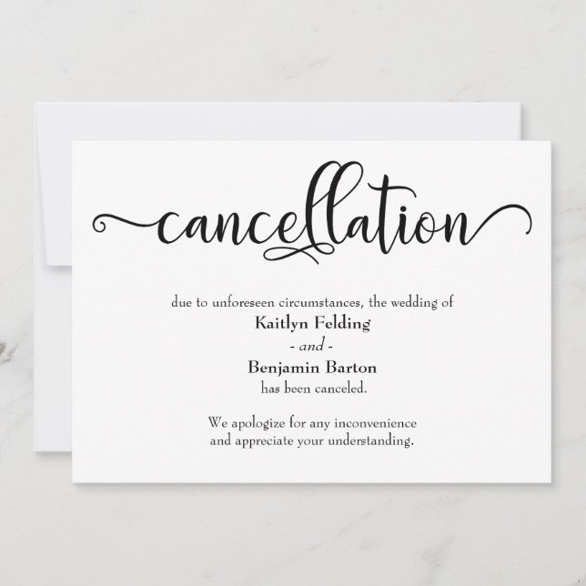 Calligraphy Wedding Cancellation Announcement Card (Front)