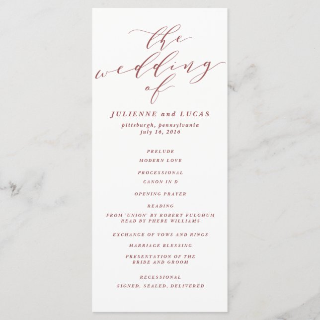 Calligraphy Wedding Ceremony Progam | Burgundy Programme (Front)