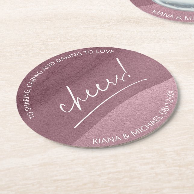 Calligraphy Wedding Cheers Mauve ID771 Round Paper Coaster (Angled)