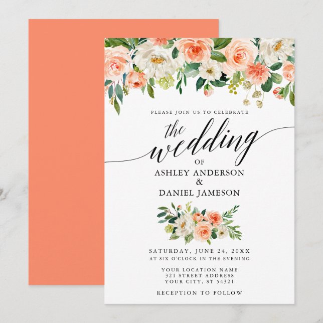 Calligraphy Wedding Coral Floral W Invitation (Front/Back)