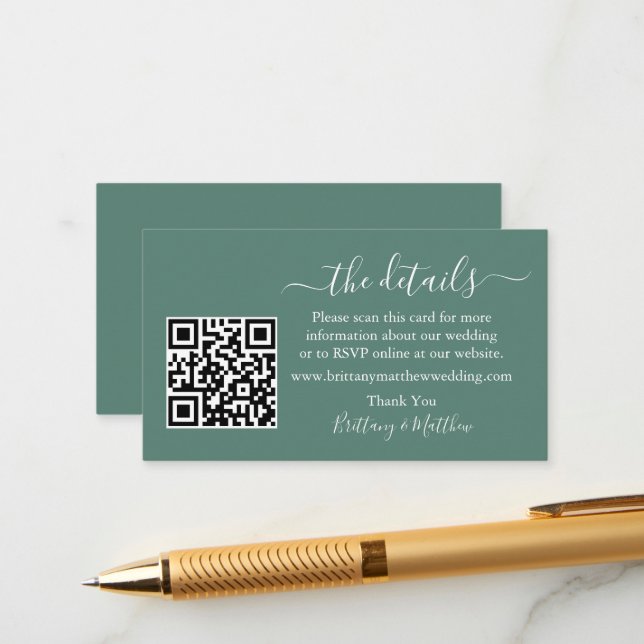 Calligraphy Wedding Details QR Eucalyptus Green Enclosure Card (Front/Back In Situ)