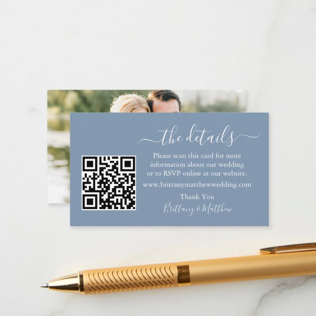 Calligraphy Wedding Details QR Photo Dusty Blue Enclosure Card (Front/Back In Situ)