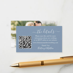 Calligraphy Wedding Details QR Photo Dusty Blue Enclosure Card