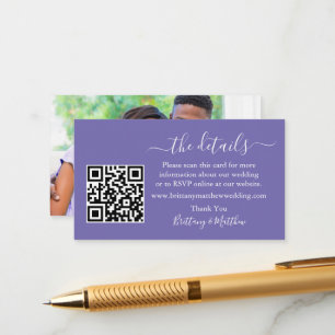 Calligraphy Wedding Details QR Photo Periwinkle Enclosure Card